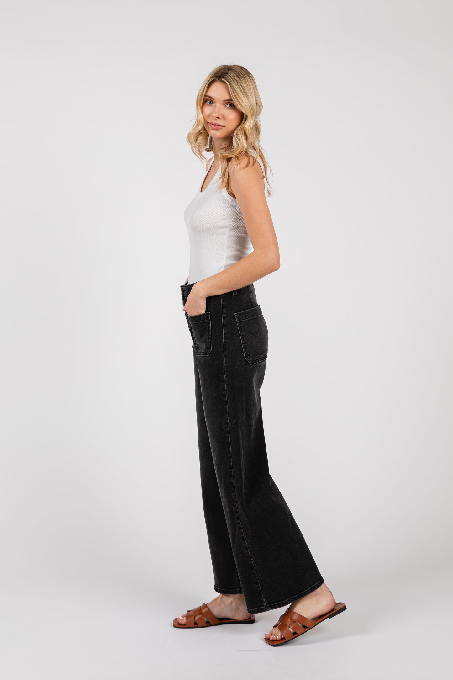 Wide Leg Washed Black Denim